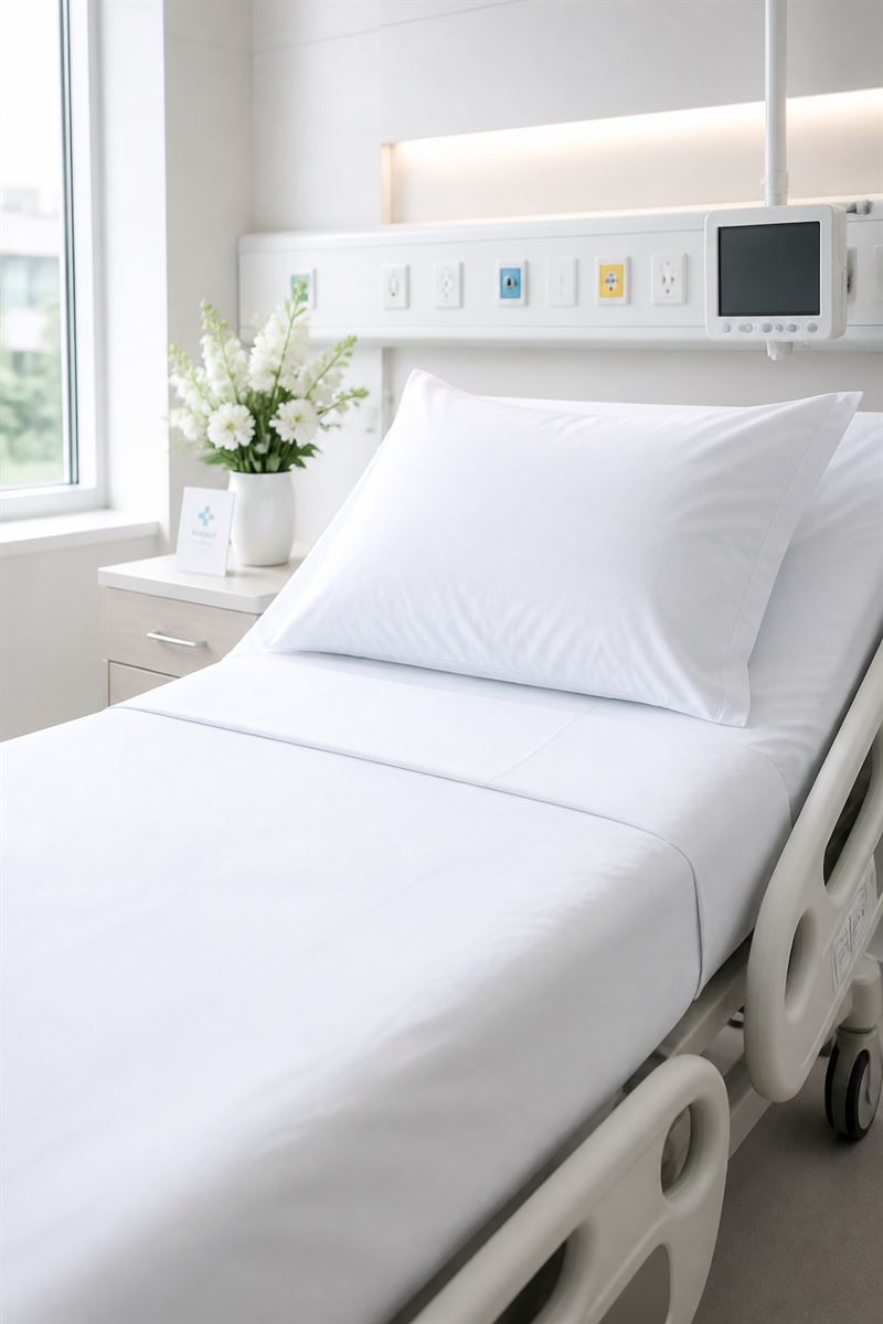 Hospital bed with crisp white bed sheets by Royal Loom